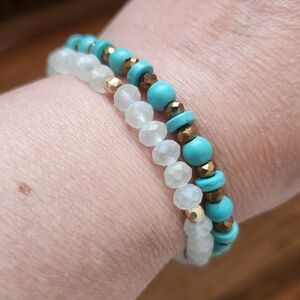 2 Seed Beads Bracelets Turquoise/Gold+ White/Gold